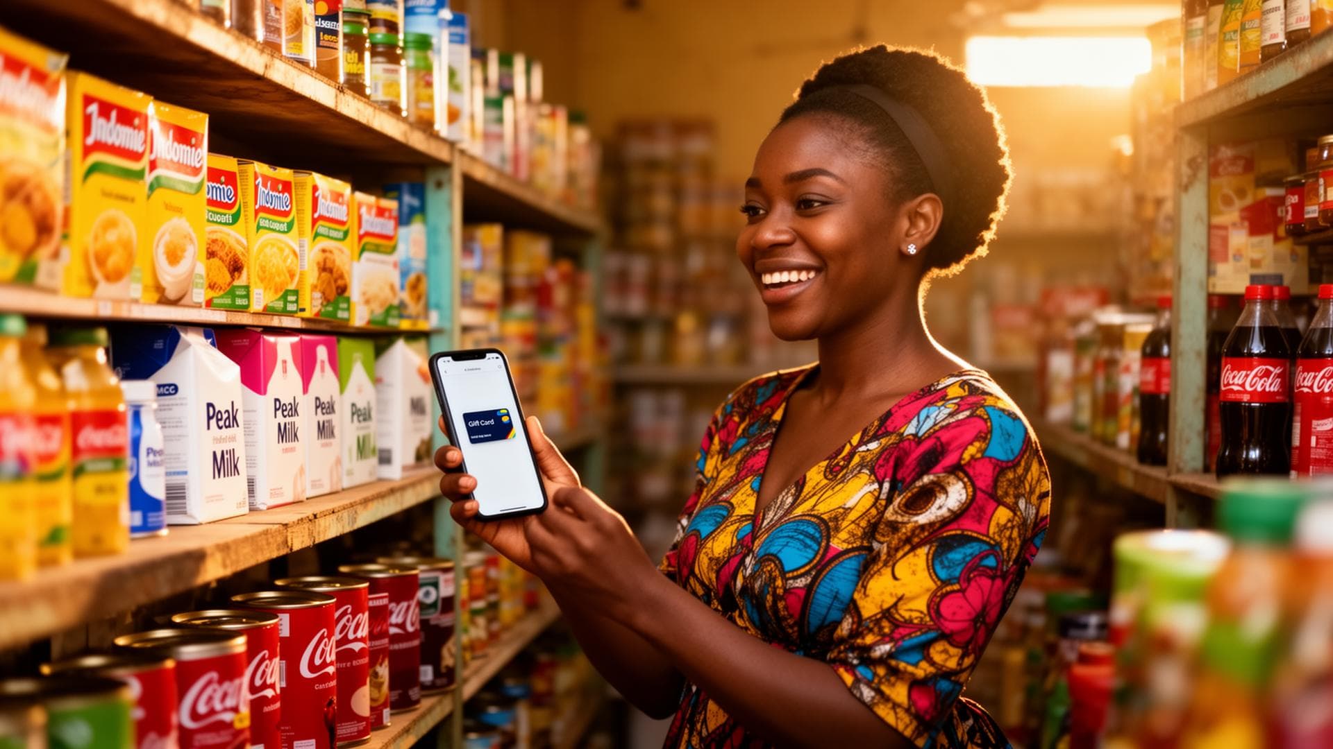 Consumer redeeming an OmniGift digital gift card at a Nigerian neighborhood store